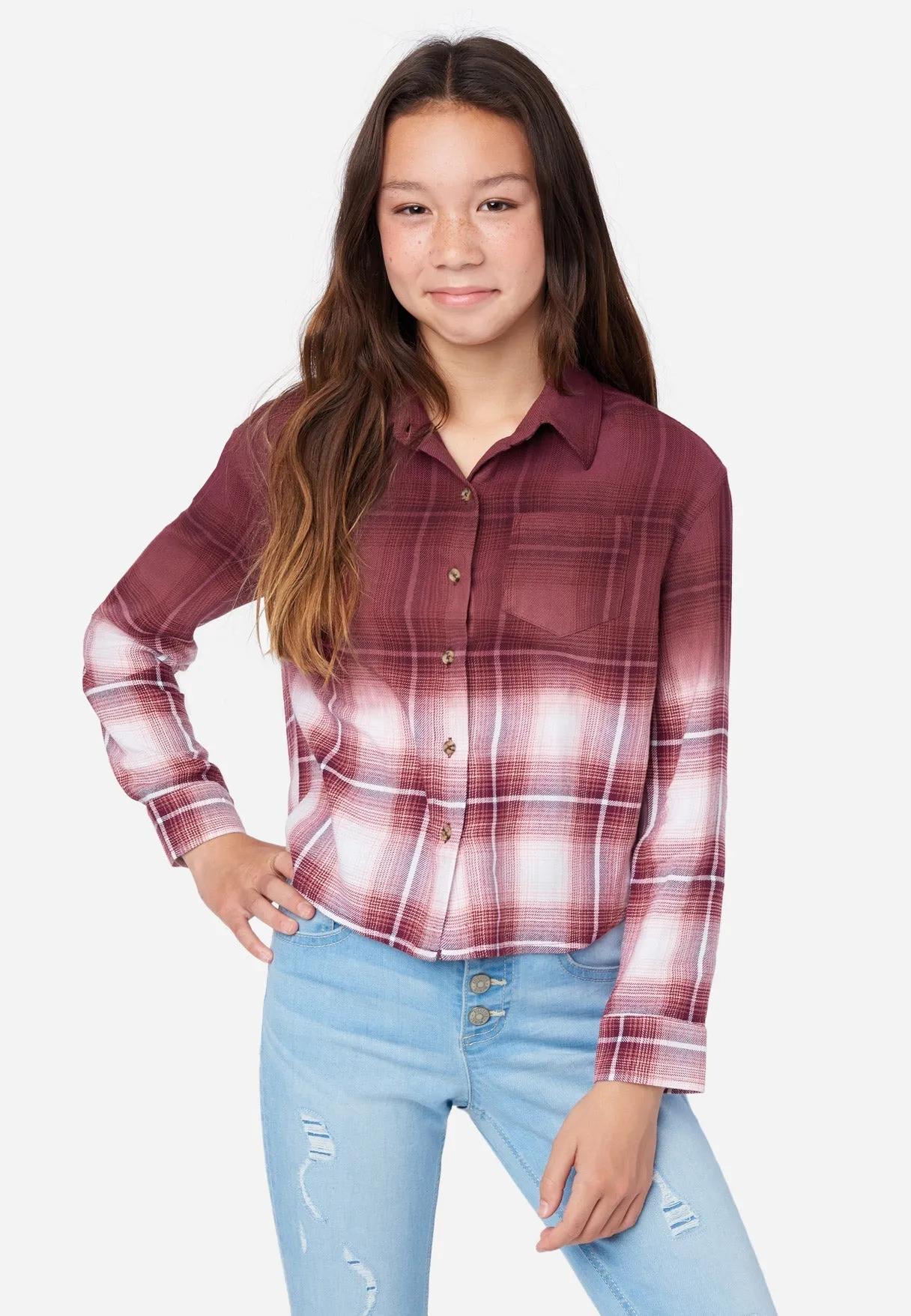 Dip Dye LS Plaid Button Up