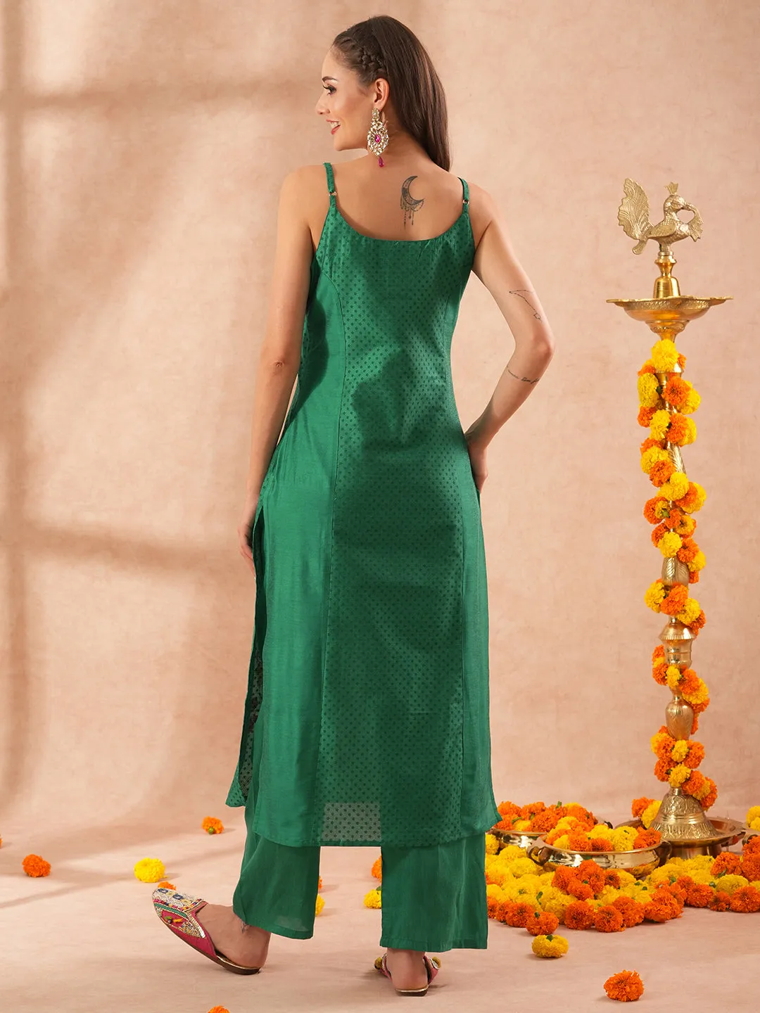 Ethnic Floral Printed & Embroidered Straight Fit Kurta with Pant - Green