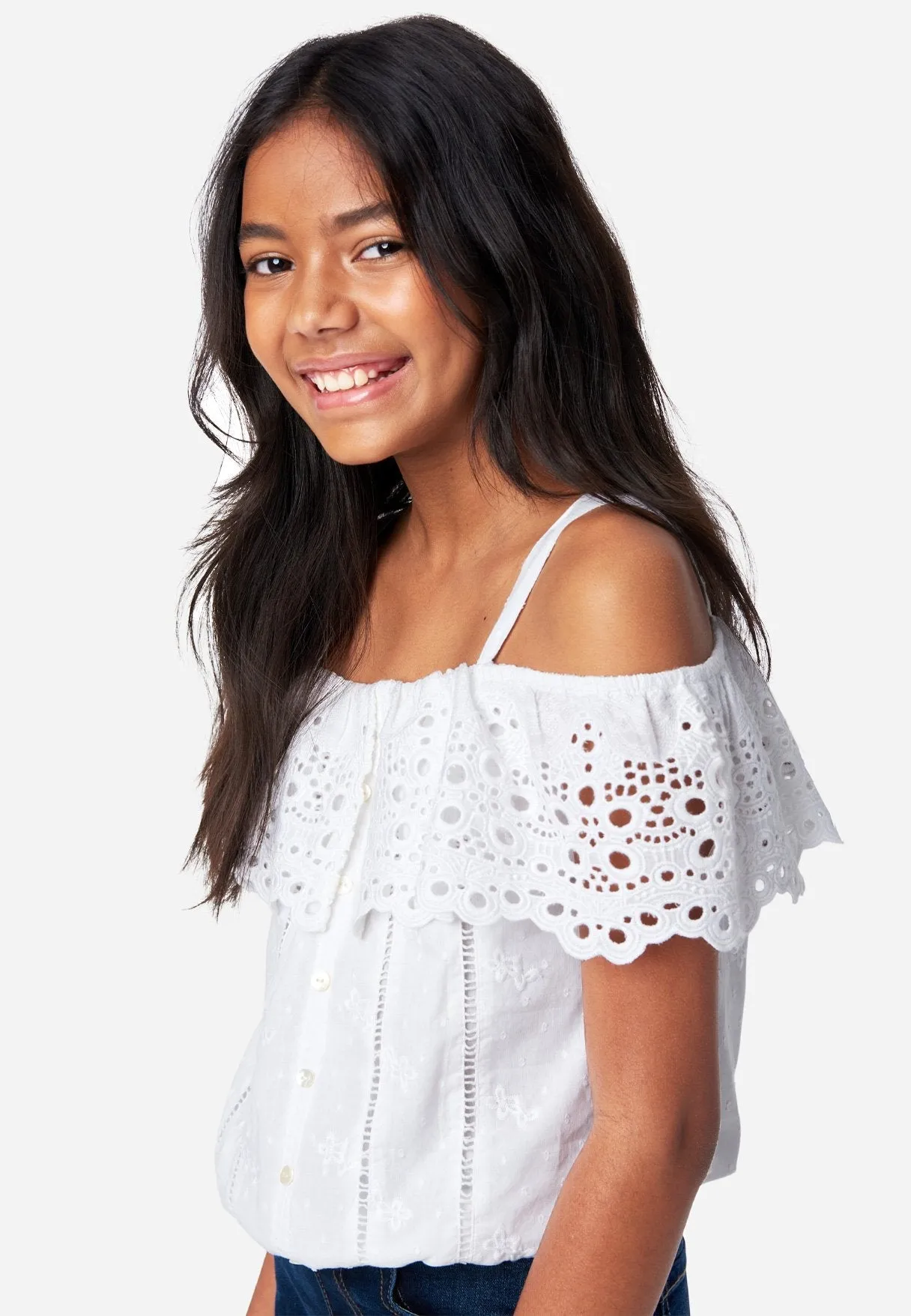 Eyelet Ruffle Button-Up Tank