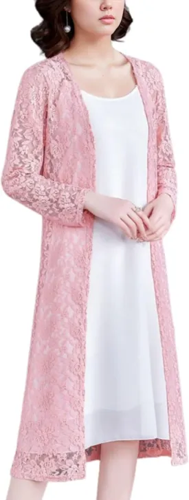 FindThy Womens Casual Long Duster Cardigan 3/4 Sleeve Open Front Embroidered Lace Kimono Cover Up