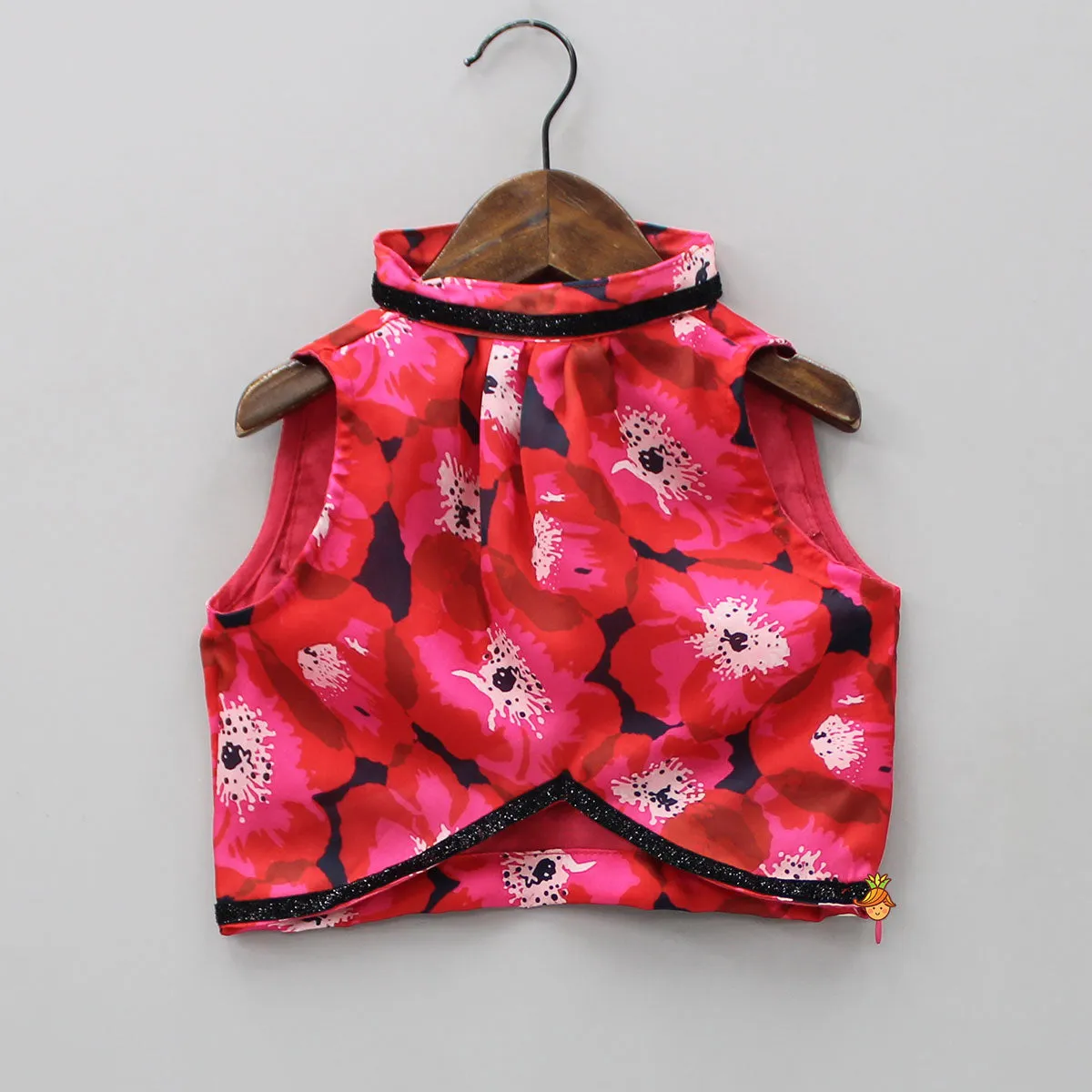 Floral Printed Alter Neck Top And Lehenga With Net Dupatta