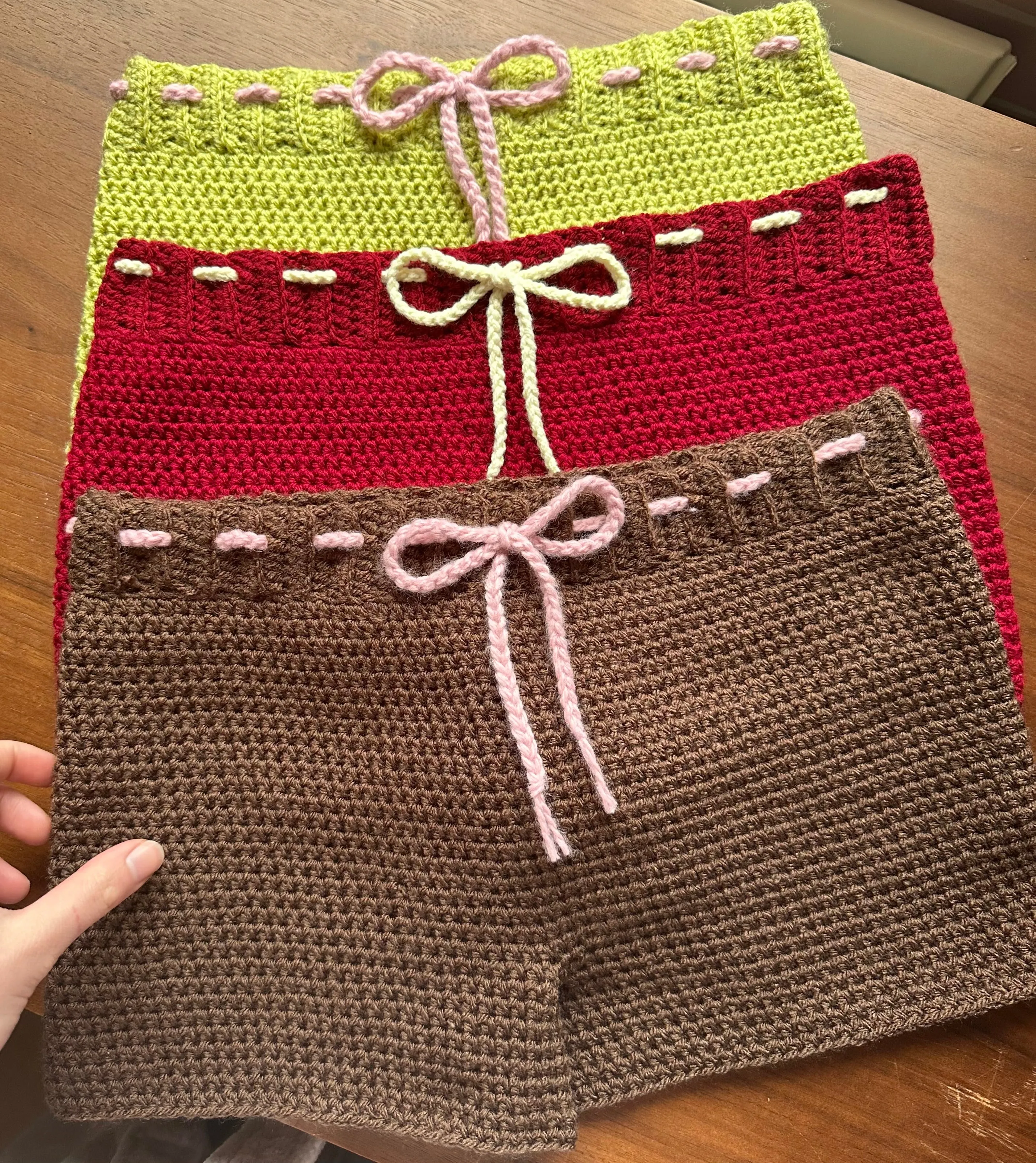 Handmade dark red crochet shorts with cream bow