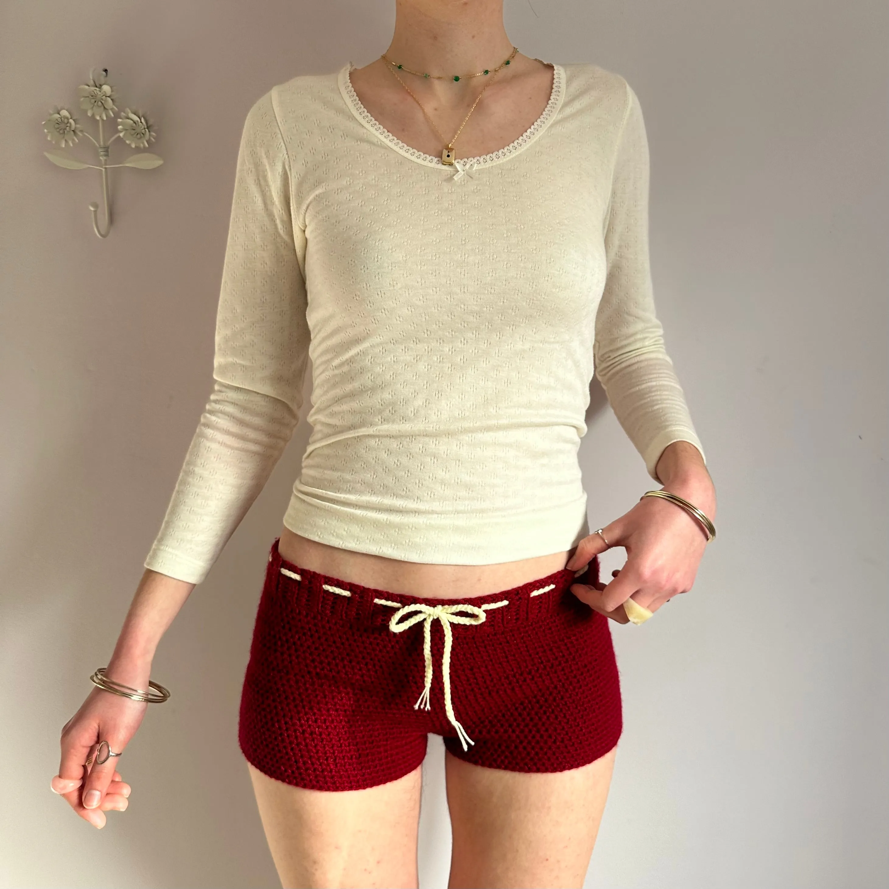 Handmade dark red crochet shorts with cream bow