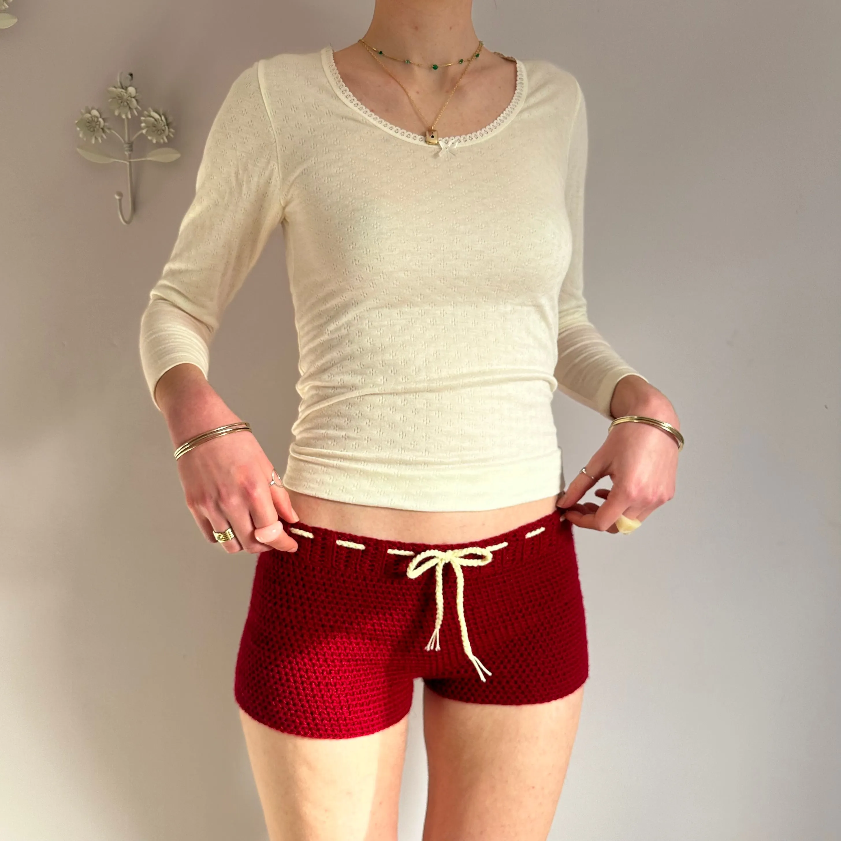 Handmade dark red crochet shorts with cream bow