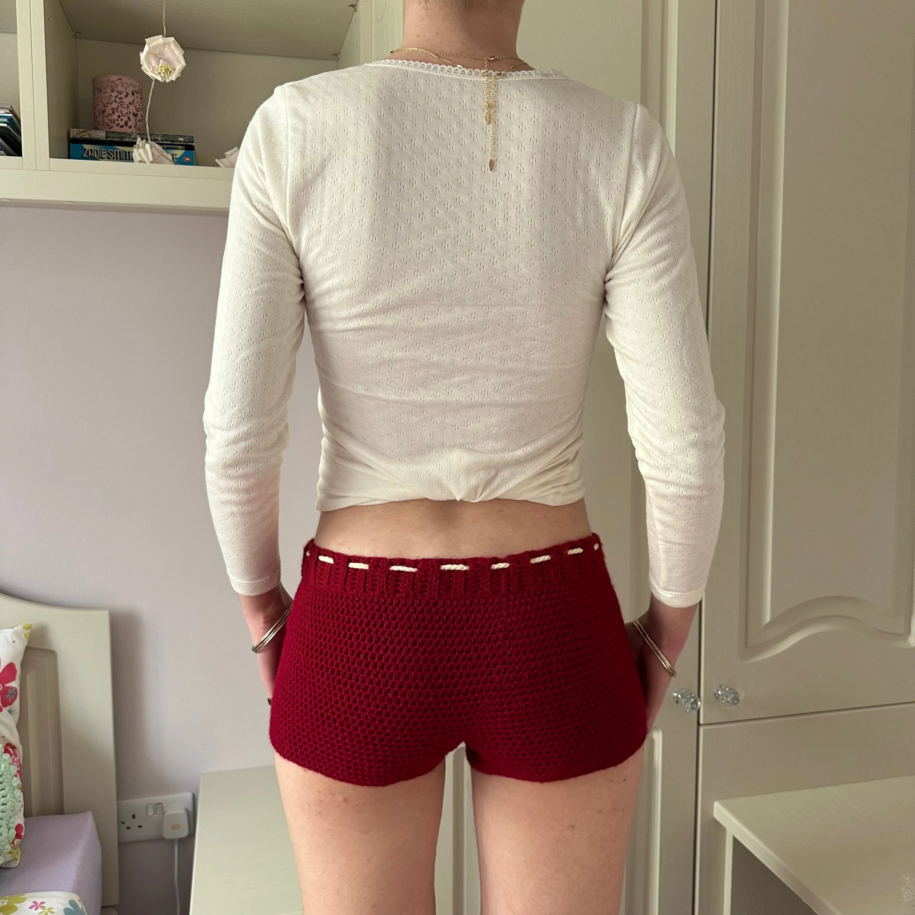 Handmade dark red crochet shorts with cream bow