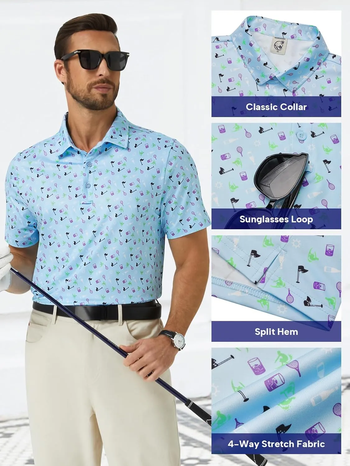 Hardaddy Men's Moisture Wicking Polo Shirts Printed Dry Fit Short Sleeve Collared Golf Shirt