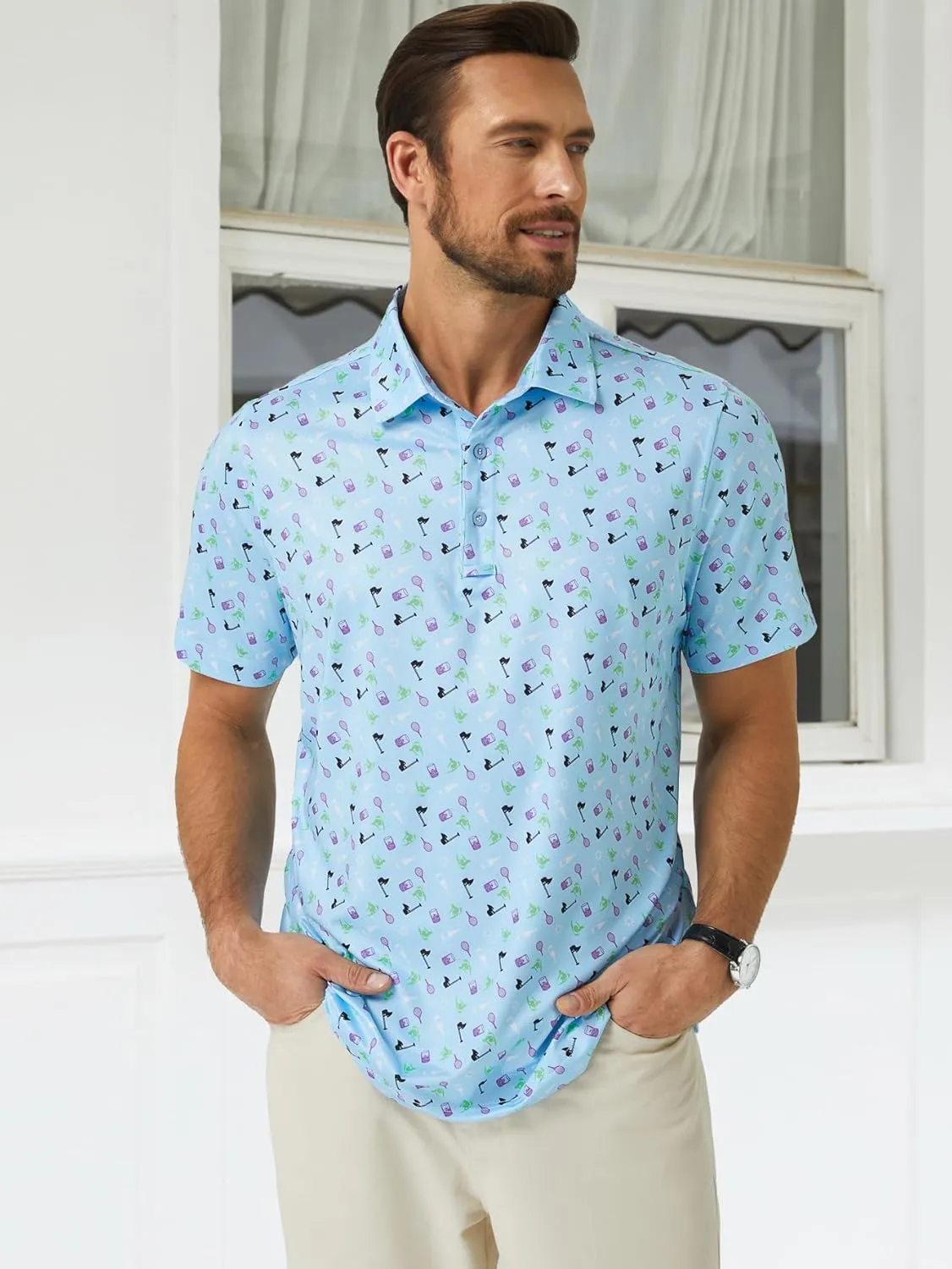Hardaddy Men's Moisture Wicking Polo Shirts Printed Dry Fit Short Sleeve Collared Golf Shirt