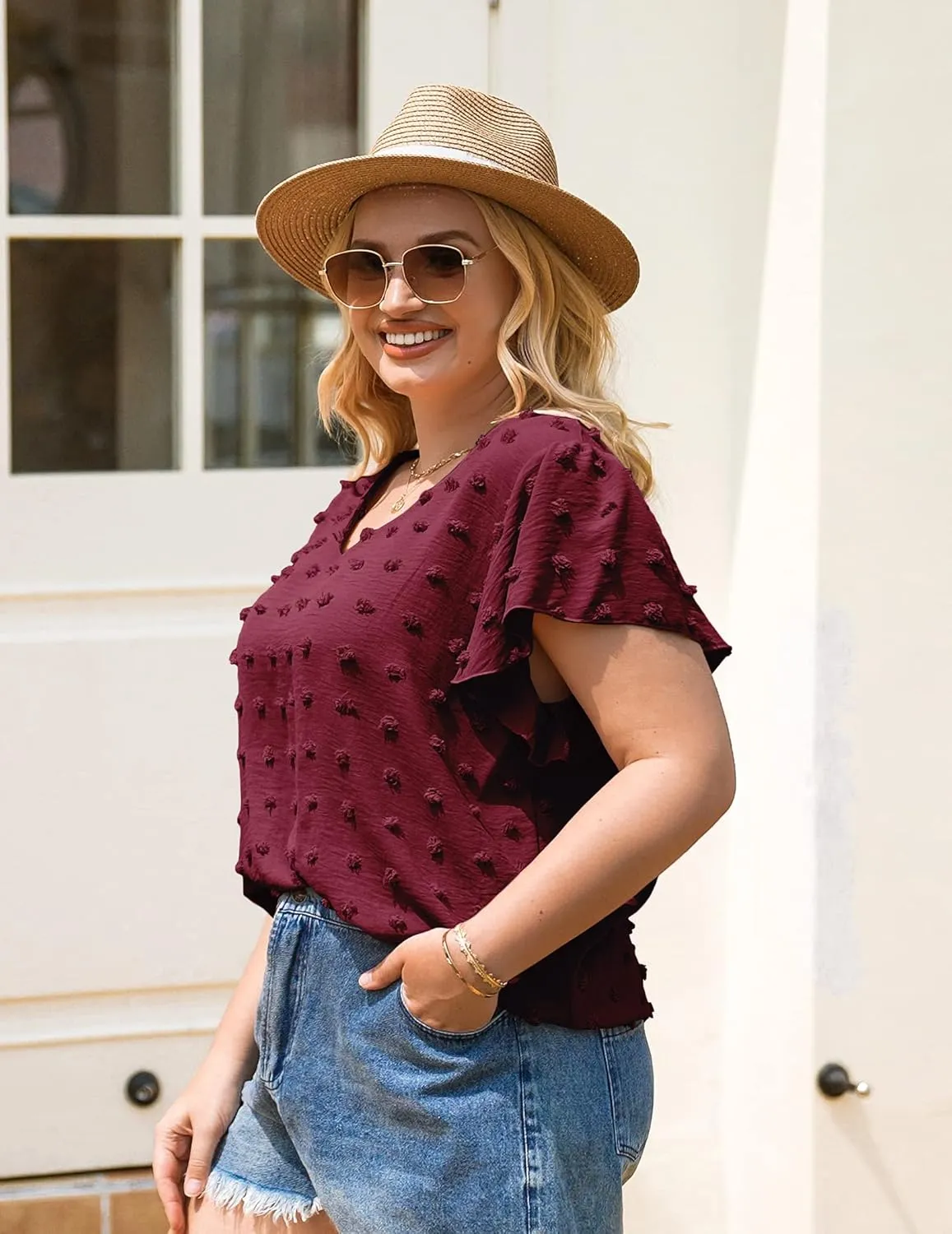 IN'VOLAND Womens Plus Size White Blouse Dressy V Neck Cute Ruffle Sleeve Summer Tops Flowy Pom Pom Tshirts