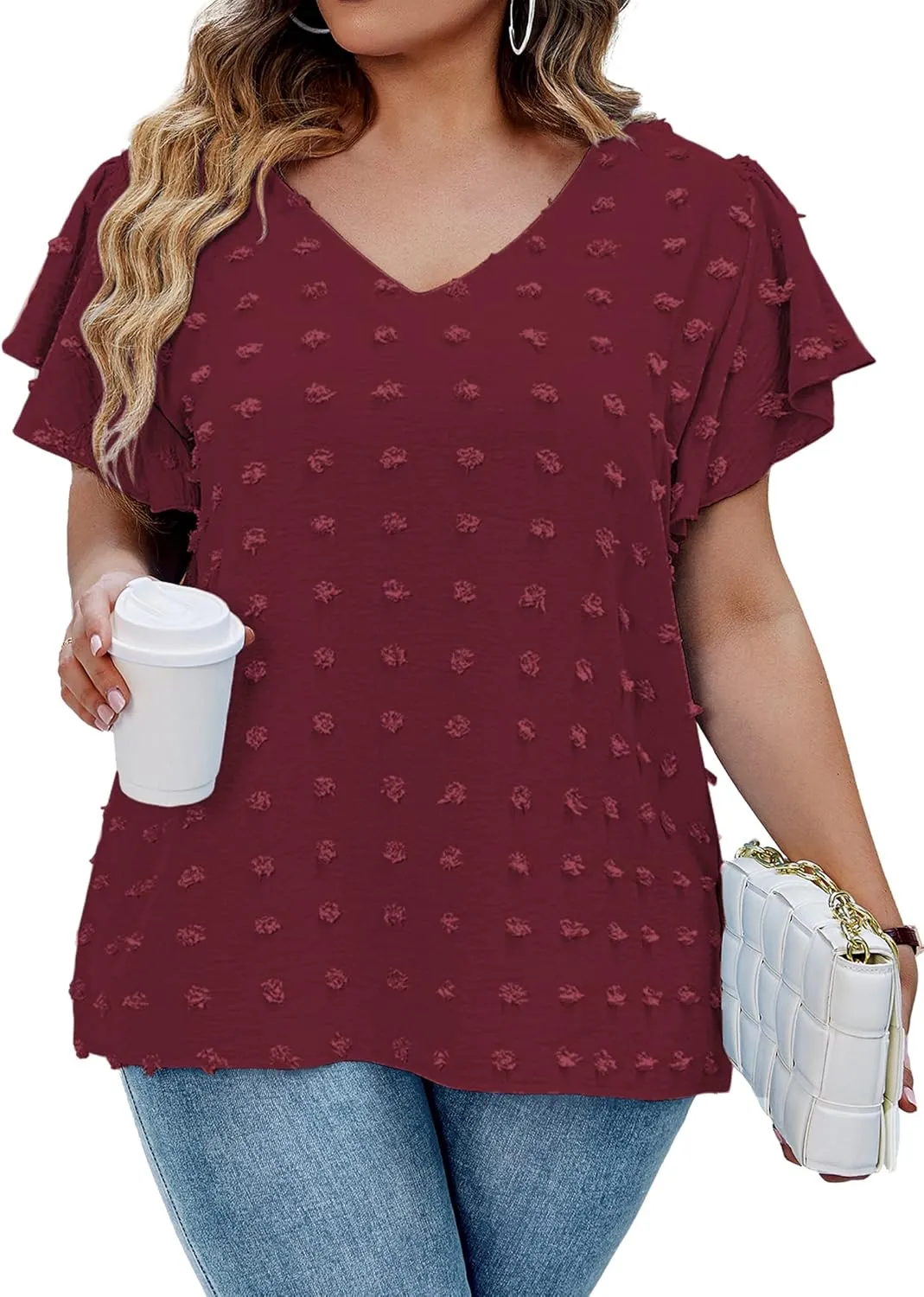 IN'VOLAND Womens Plus Size White Blouse Dressy V Neck Cute Ruffle Sleeve Summer Tops Flowy Pom Pom Tshirts