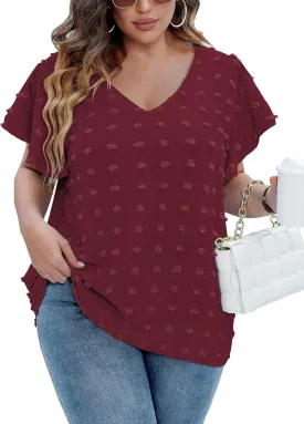 IN'VOLAND Womens Plus Size White Blouse Dressy V Neck Cute Ruffle Sleeve Summer Tops Flowy Pom Pom Tshirts