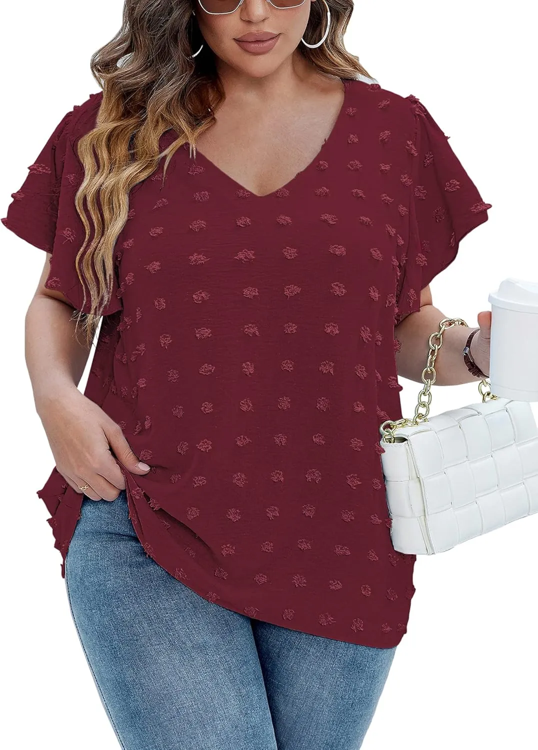 IN'VOLAND Womens Plus Size White Blouse Dressy V Neck Cute Ruffle Sleeve Summer Tops Flowy Pom Pom Tshirts
