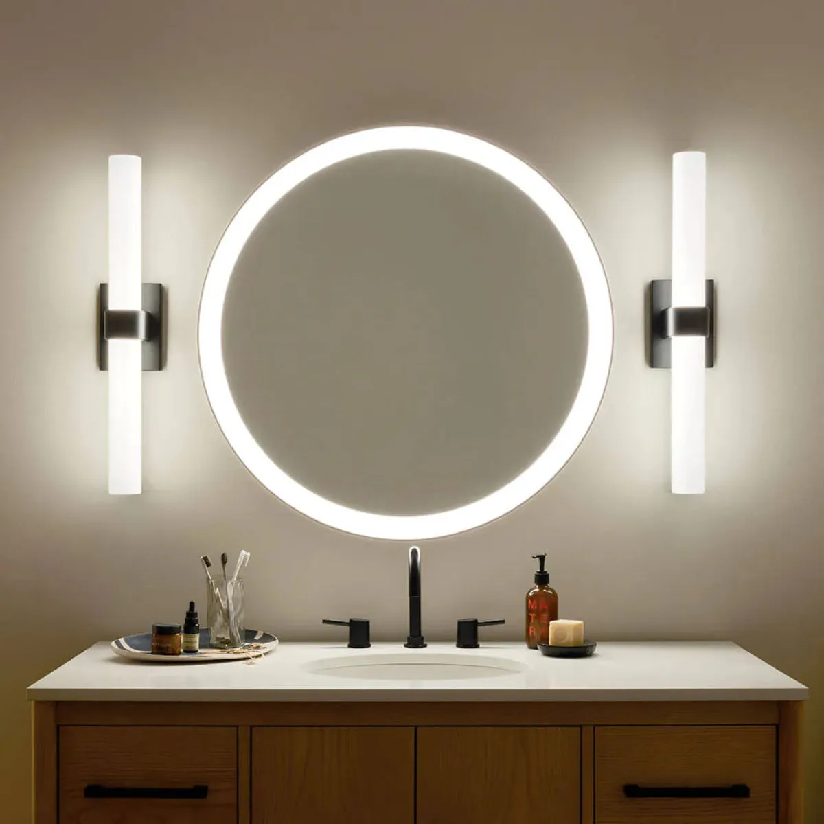 Izza 25 In 1-Light LED Bathroom Vanity Light With Satin Etched Cased Opal Glass, Black Finish