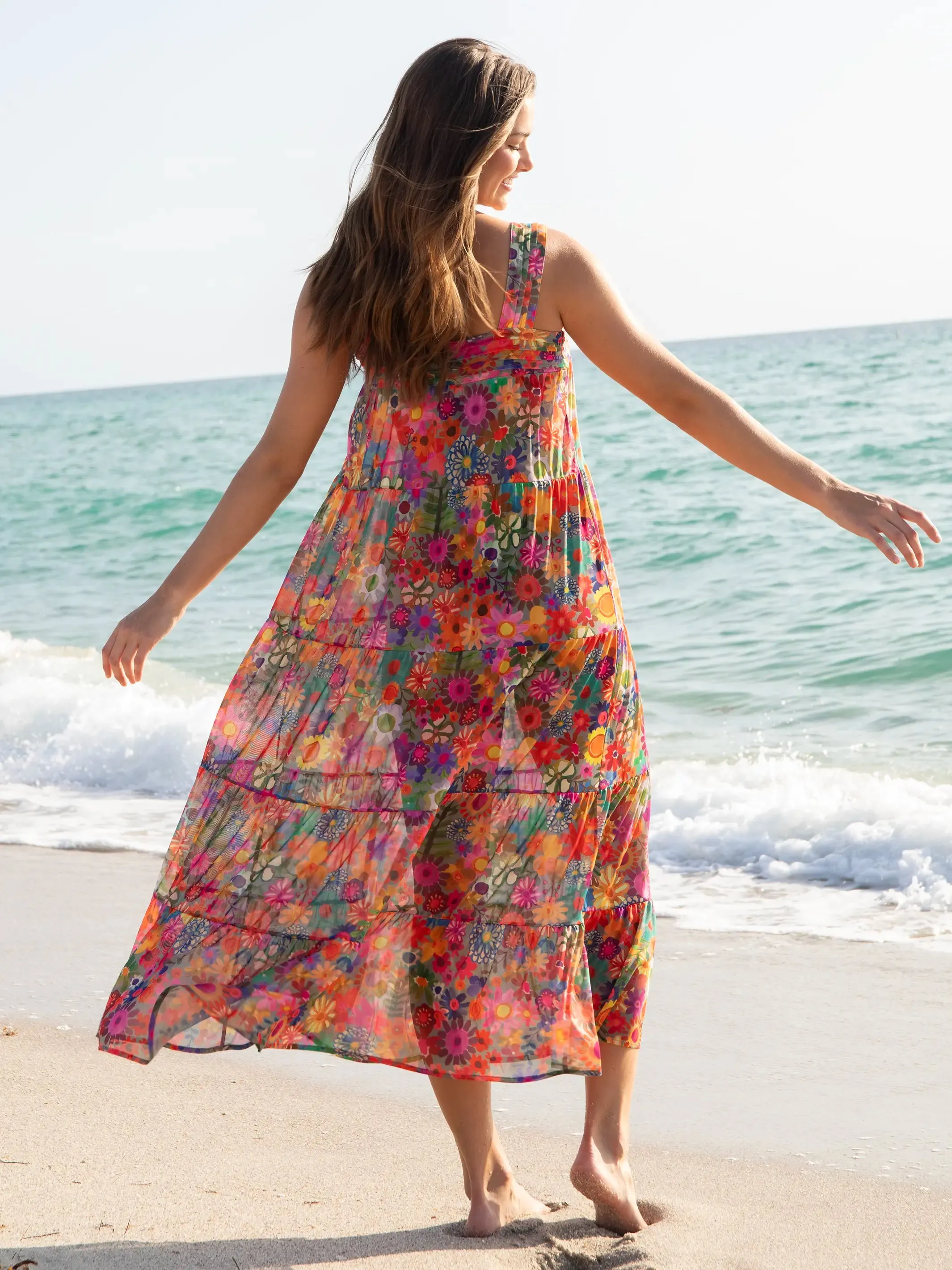 Vibrant Colorblock Mesh Maxi Dress - Red, Pink, and Yellow