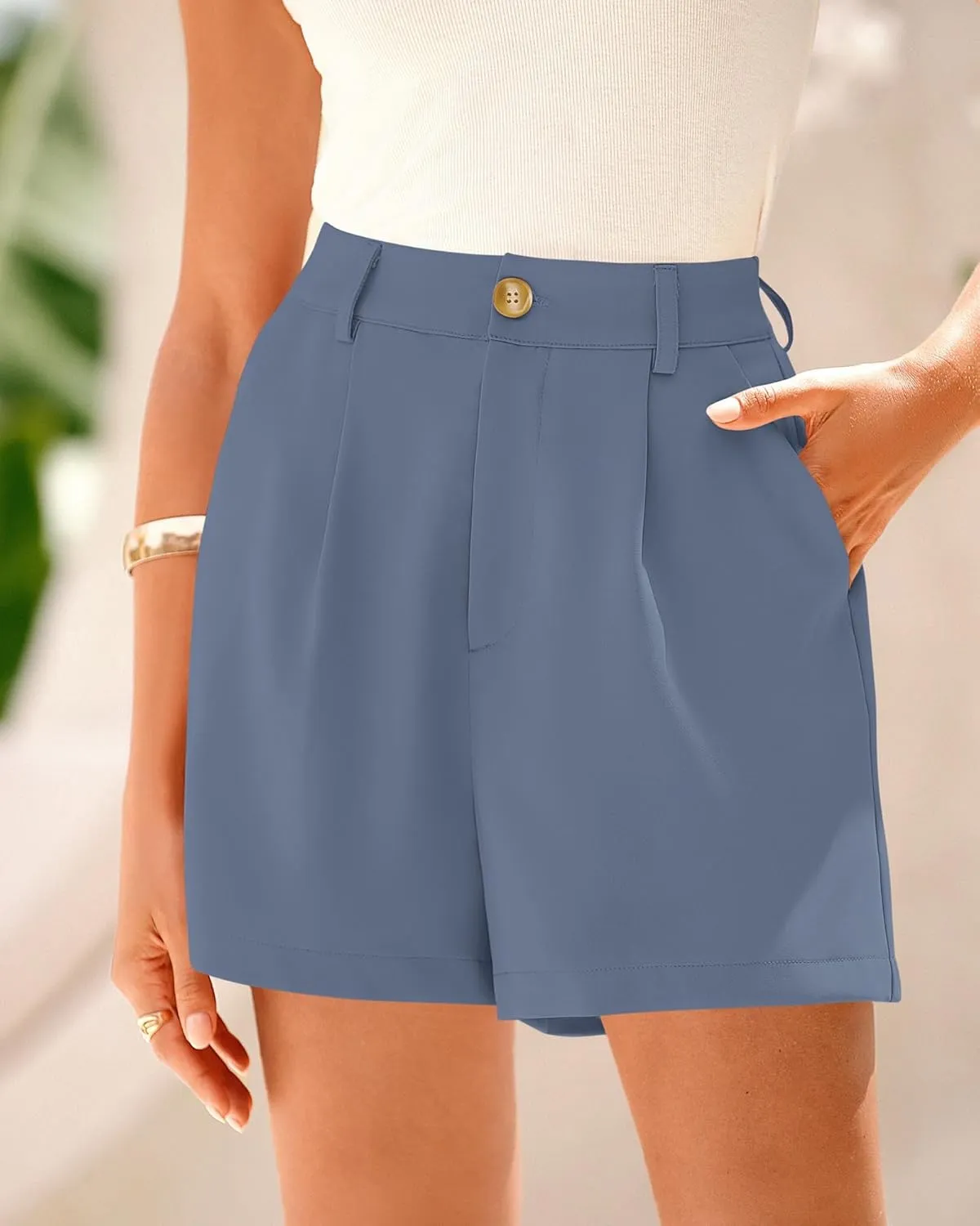KIRUNDO Shorts for Women Dressy Casual Summer Elastic Waist in The Back Pleated Wide Leg Tailored Work Trouser Shorts