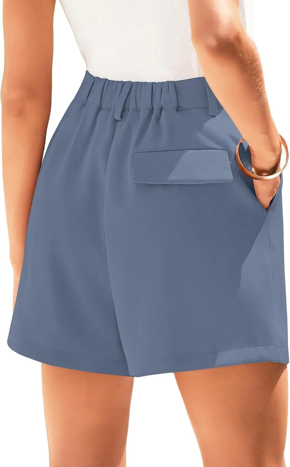 KIRUNDO Shorts for Women Dressy Casual Summer Elastic Waist in The Back Pleated Wide Leg Tailored Work Trouser Shorts