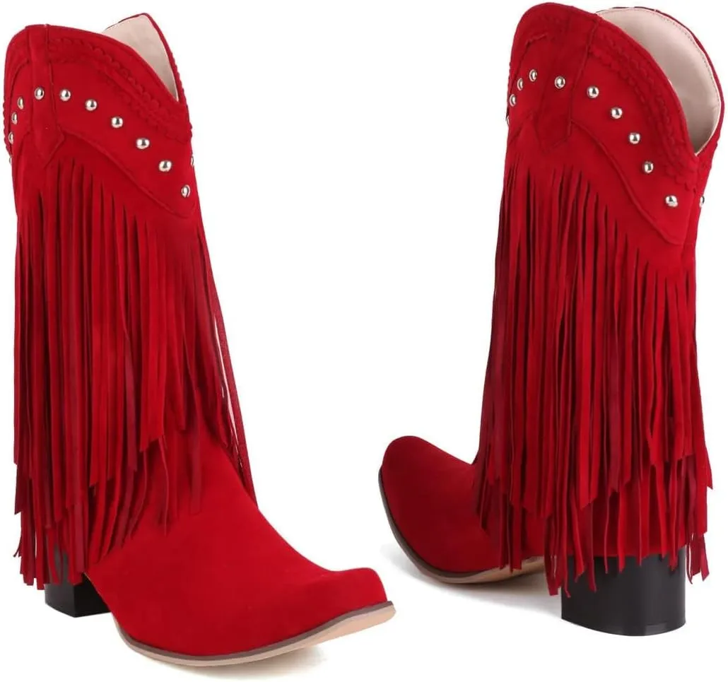KiutSymo Mid Calf Fringe Boots For Women Cowboy Pointed Toe Chunky Heels Cowgirl Western Tassel Boots