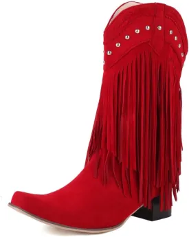 KiutSymo Mid Calf Fringe Boots For Women Cowboy Pointed Toe Chunky Heels Cowgirl Western Tassel Boots
