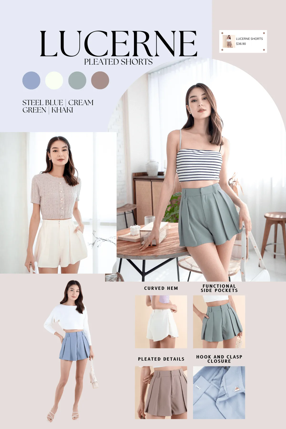 LUCERNE PLEATED SHORTS IN STEEL BLUE