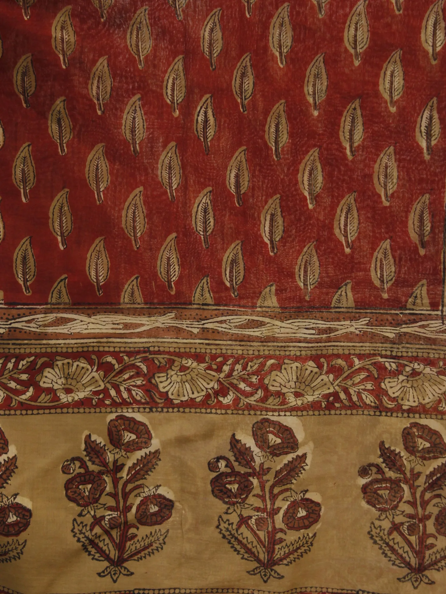 Maroon Olive Green Beige Cotton Hand Block Printed Dupatta - D04170177