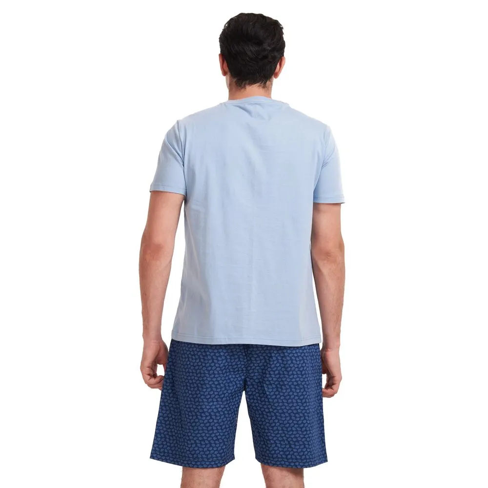 Men summer pajama set Light blue T-shirt  Blue leaves shorts