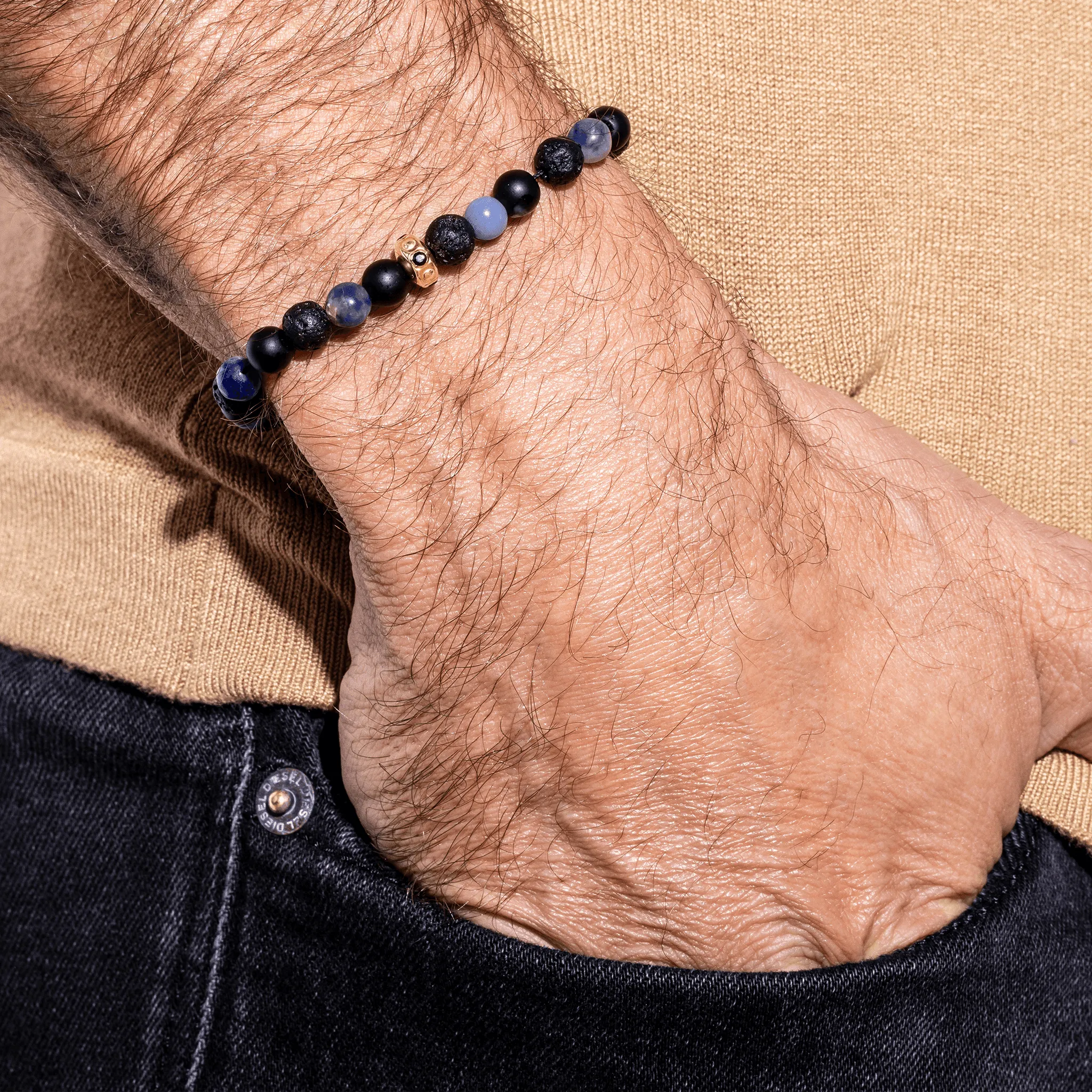 Men's Blue Sodalite & Matte Onyx Bead Bracelet - 14K Rose Gold