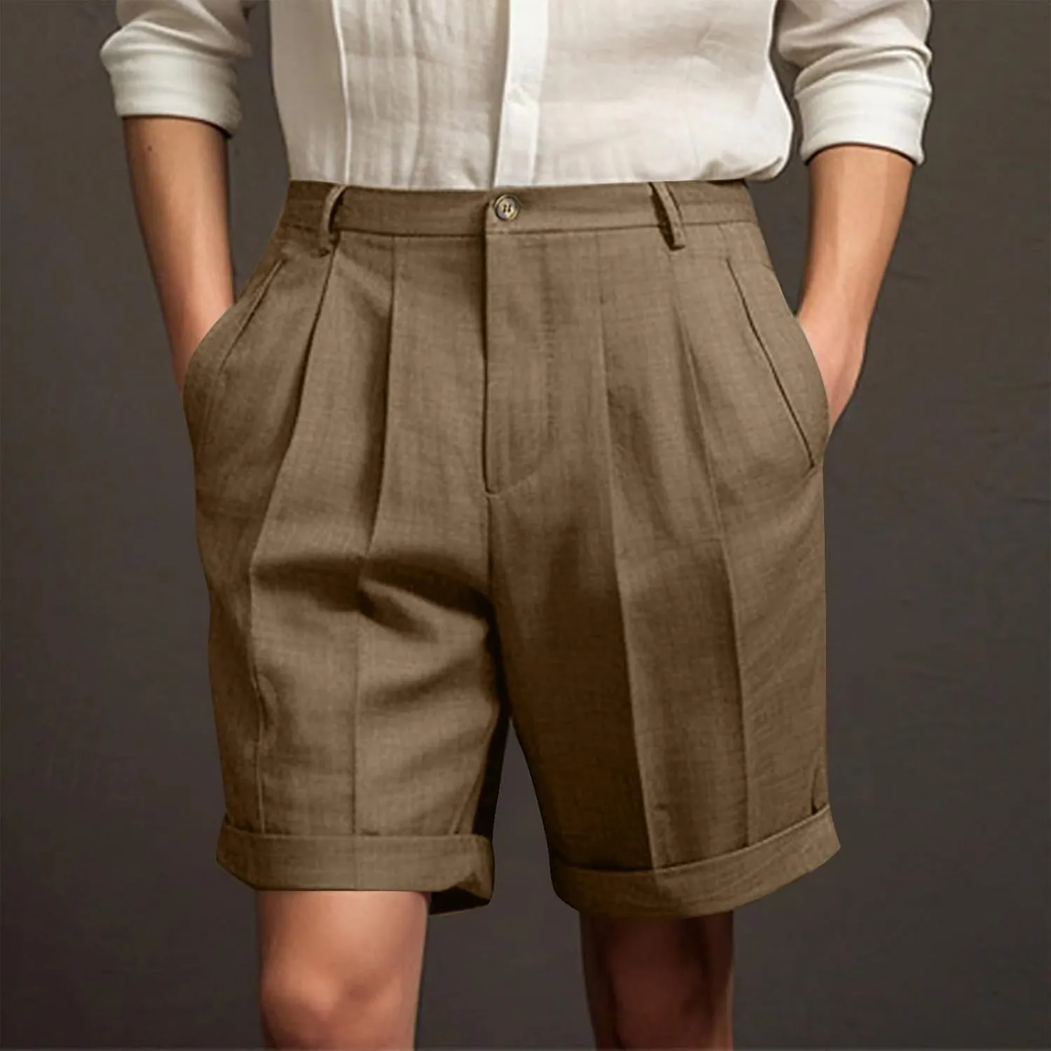 Mens Dress Shorts Mid-Thigh Flat Front Work Suit Shorts Casual Straight Leg Pleated Short Pants with Pockets