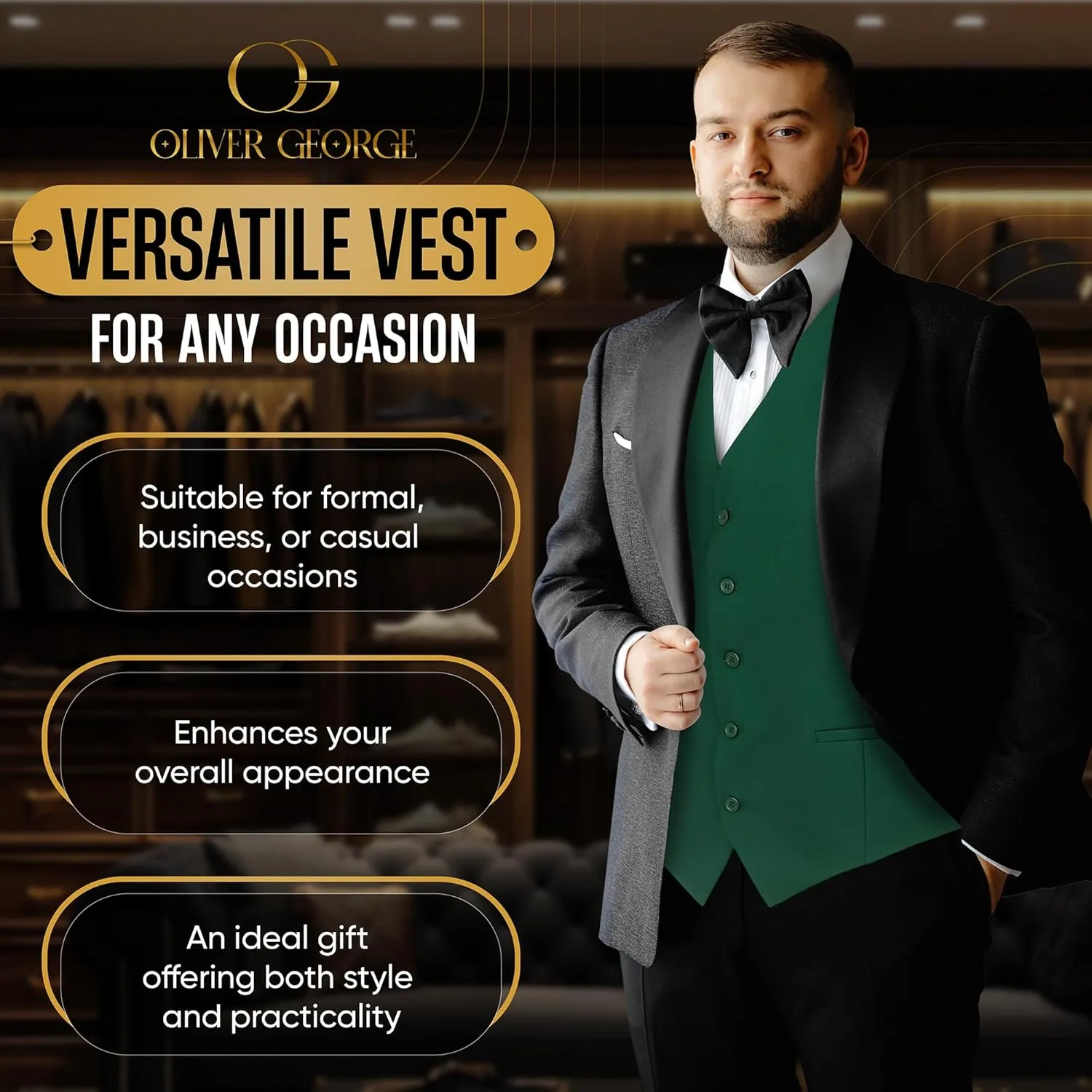 Oliver George Men's Solid Formal Business Dress Vest Waistcoat Vest for Suit or Tuxedo