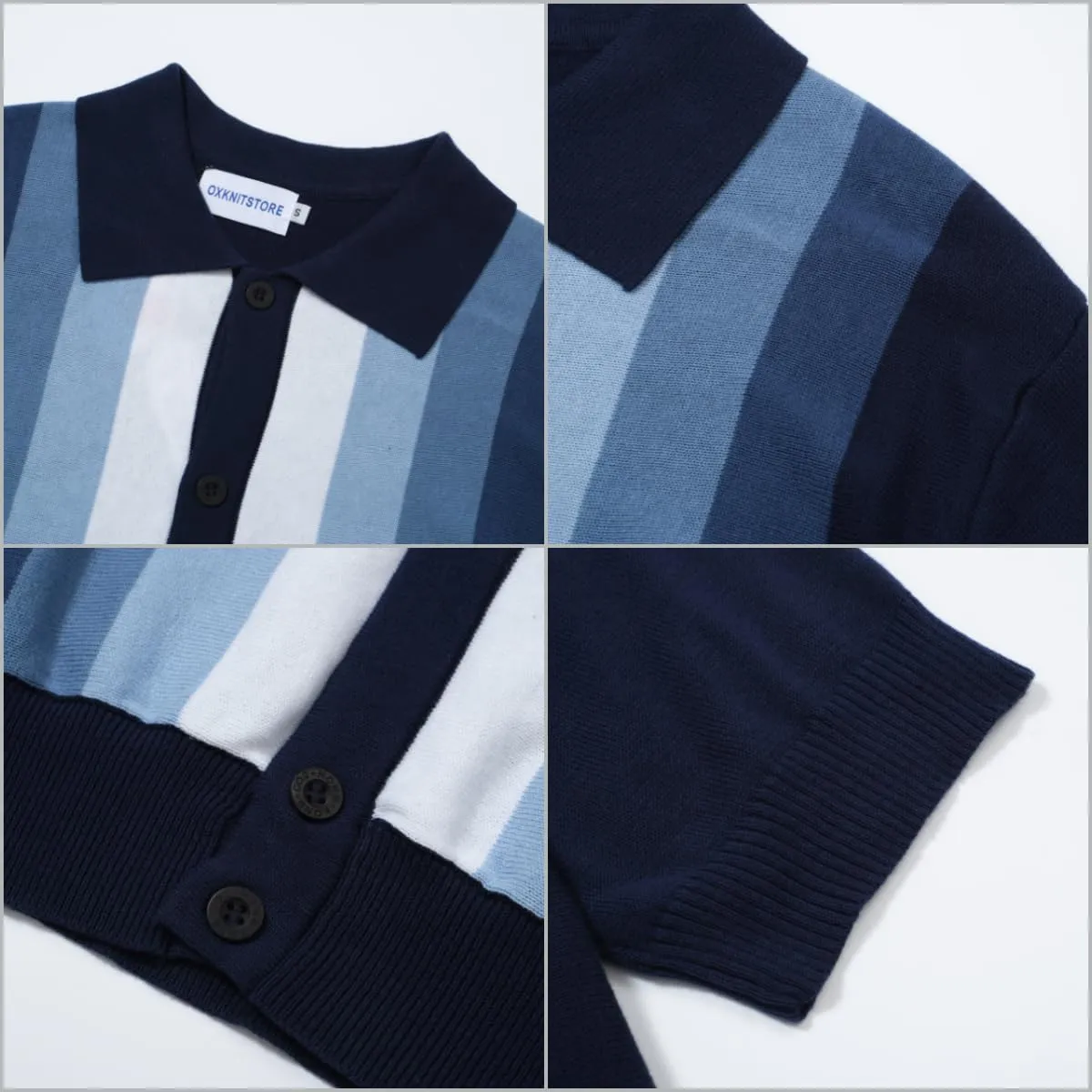 OXKNIT Mens Knitted Vintage Polo, Gradient Stripe Short Sleeve Retro Polo Shirt for Men 60s&70s