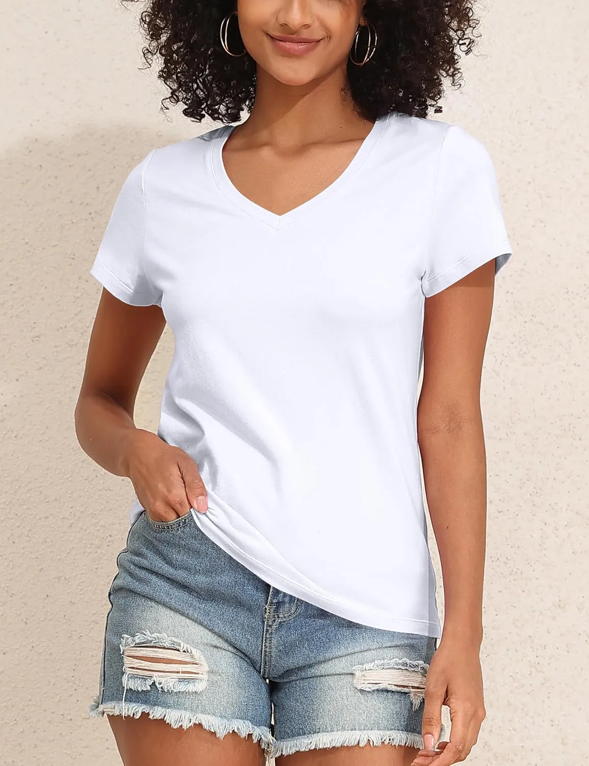PrettyGuide Women's Tops Cotton Jersey Short Sleeve V Neck T Shirts Trendy Casual Loose Fit Summer Basic Cotton Tops Tee
