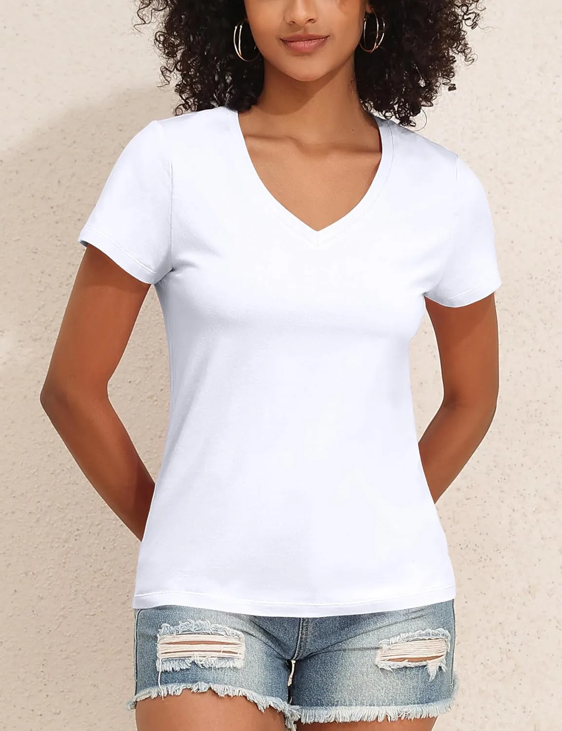 PrettyGuide Women's Tops Cotton Jersey Short Sleeve V Neck T Shirts Trendy Casual Loose Fit Summer Basic Cotton Tops Tee