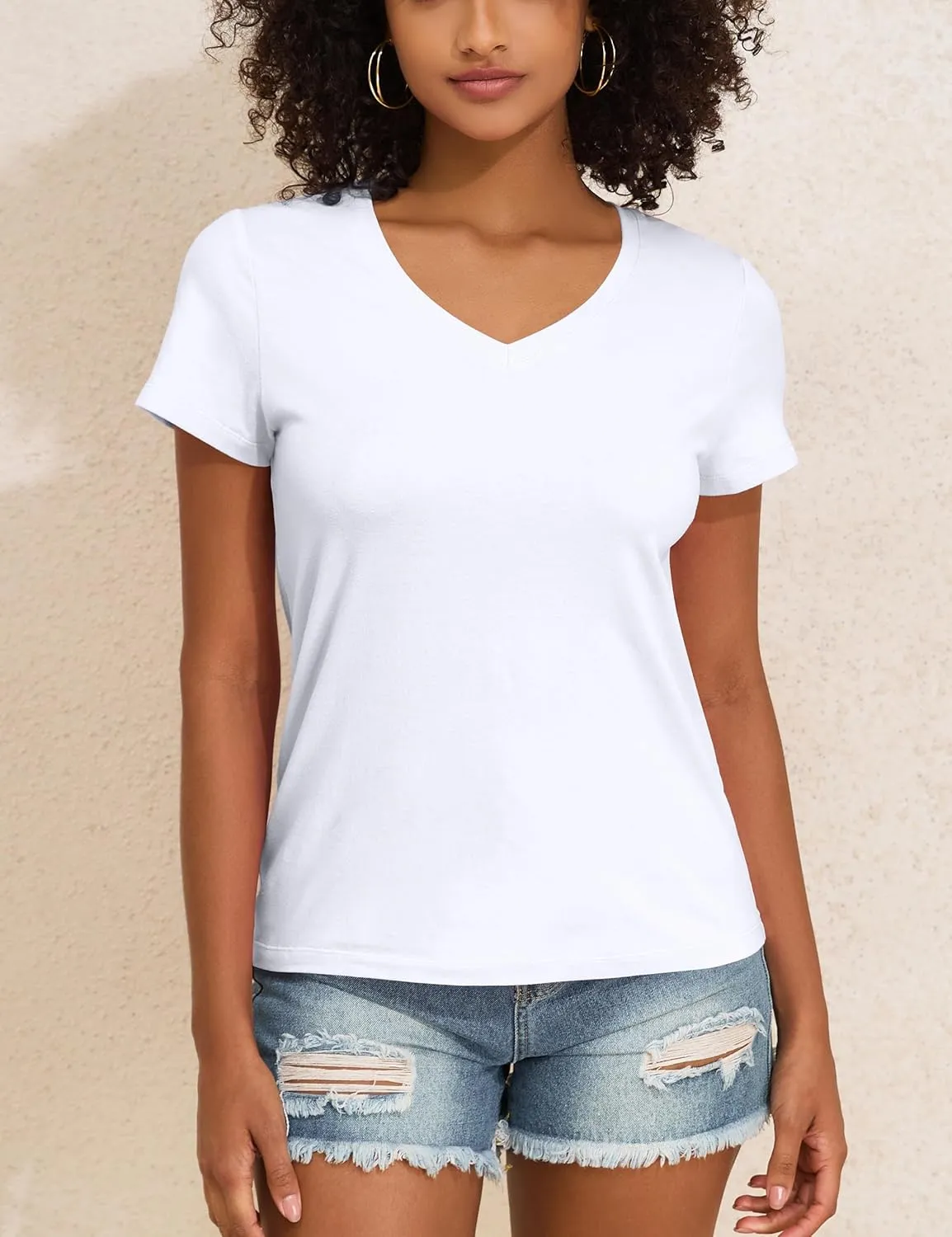 PrettyGuide Women's Tops Cotton Jersey Short Sleeve V Neck T Shirts Trendy Casual Loose Fit Summer Basic Cotton Tops Tee