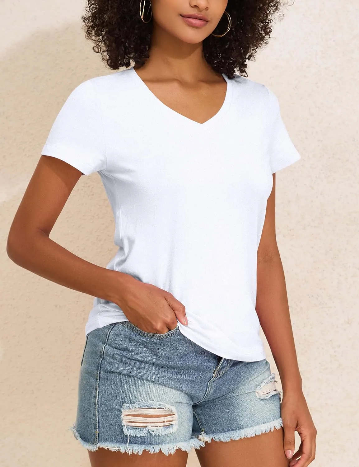 PrettyGuide Women's Tops Cotton Jersey Short Sleeve V Neck T Shirts Trendy Casual Loose Fit Summer Basic Cotton Tops Tee