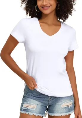 PrettyGuide Women's Tops Cotton Jersey Short Sleeve V Neck T Shirts Trendy Casual Loose Fit Summer Basic Cotton Tops Tee
