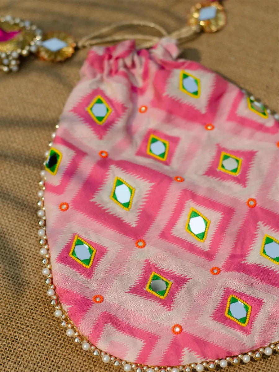 Rani Ikat Mirror Embroidered Potli Bag