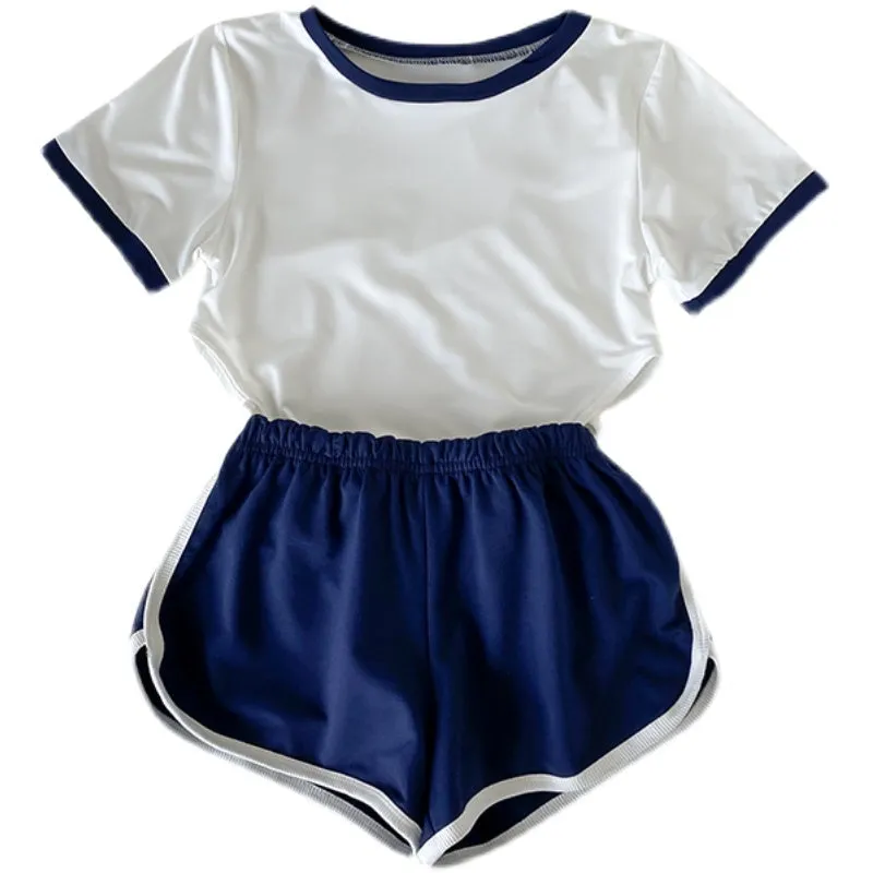 Sporty Japanese Aesthetic White Bodysuit   Blue Shorts