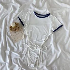 Sporty Japanese Aesthetic White Bodysuit   Blue Shorts