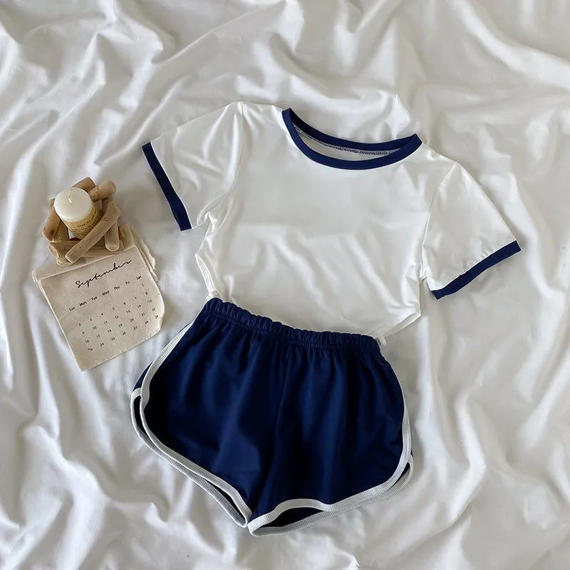 Sporty Japanese Aesthetic White Bodysuit   Blue Shorts