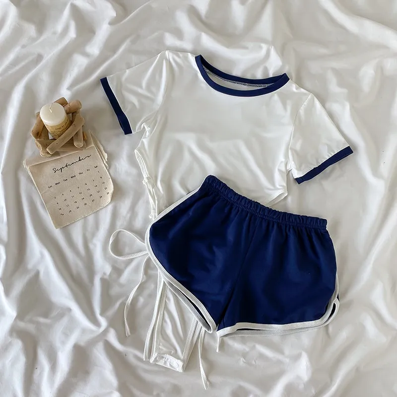 Sporty Japanese Aesthetic White Bodysuit   Blue Shorts