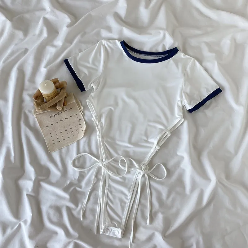Sporty Japanese Aesthetic White Bodysuit   Blue Shorts
