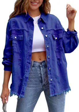 The Beauty North Denim Jacket, Women's Ripped Denim Jacket, Frayed Washed Button Up Cropped Jean Jackets Distressed Jackets
