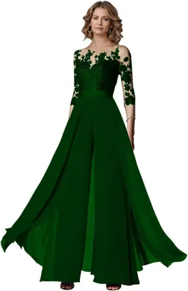 Two Piece Mother of The Bride Wedding Pant Suits with 3/4 Long Sleeves Elegant Formal Jumpsuits Set for Women