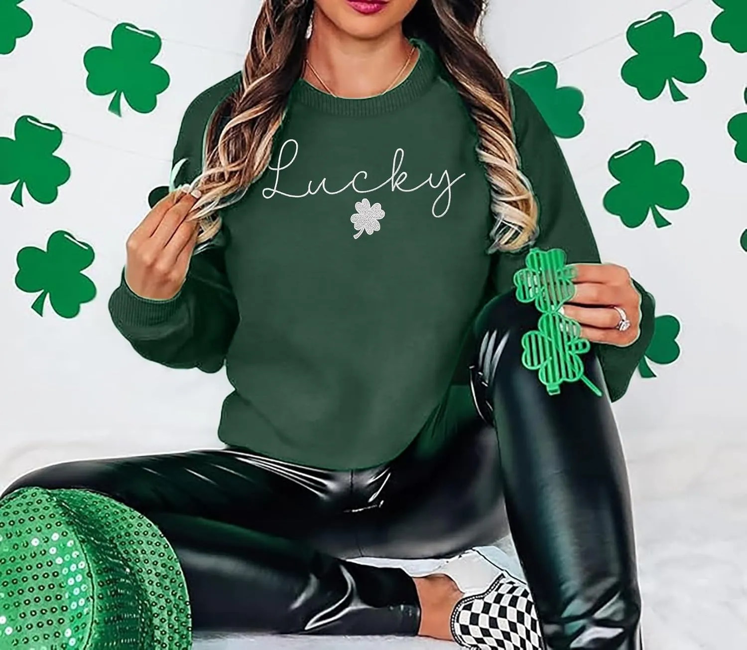 VVNTY St. Patrick's Day Sweatshirt for Women: Embroidered Lucky Shamrock Graphic Tee Shirts Paddy's Day Pullover Tops