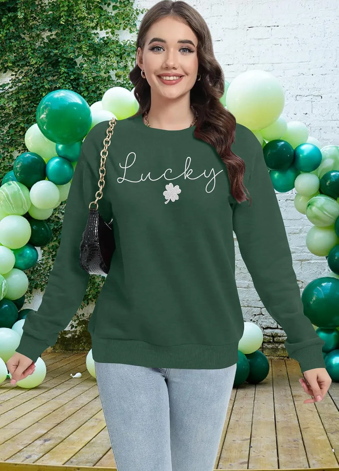 VVNTY St. Patrick's Day Sweatshirt for Women: Embroidered Lucky Shamrock Graphic Tee Shirts Paddy's Day Pullover Tops