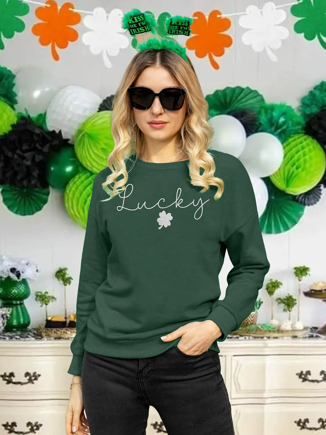 VVNTY St. Patrick's Day Sweatshirt for Women: Embroidered Lucky Shamrock Graphic Tee Shirts Paddy's Day Pullover Tops