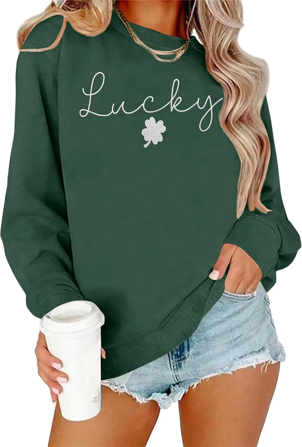 VVNTY St. Patrick's Day Sweatshirt for Women: Embroidered Lucky Shamrock Graphic Tee Shirts Paddy's Day Pullover Tops