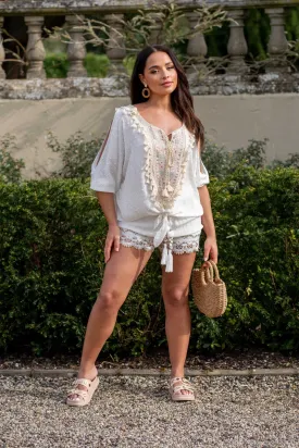 White Boho Gold Embroidery Shorts