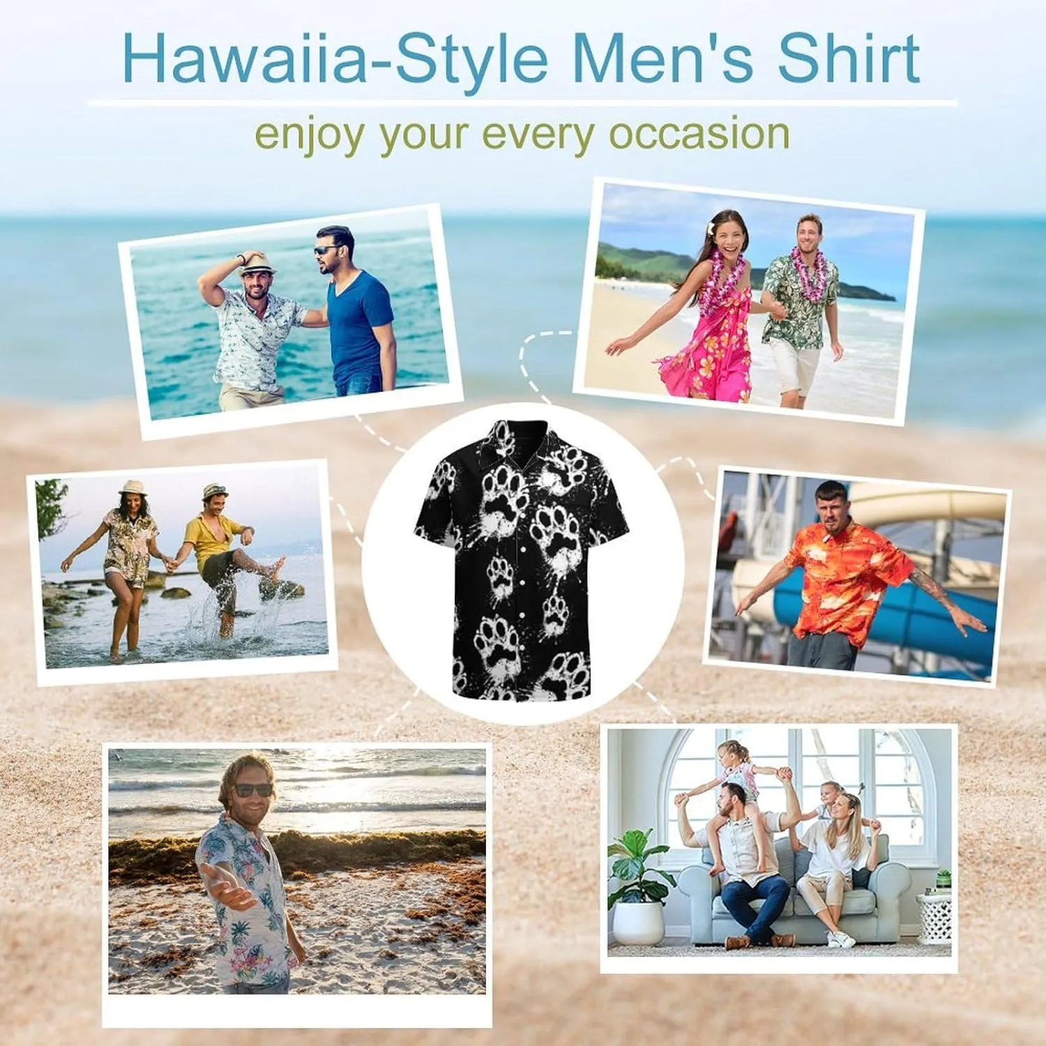 White Paw Print Handprint Splash Men's Button Down Hawaiian Shirt Casual Loose Fit Cuban Collar Beach Shirts