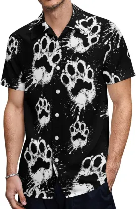 White Paw Print Handprint Splash Men's Button Down Hawaiian Shirt Casual Loose Fit Cuban Collar Beach Shirts