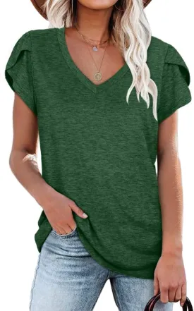 WIHOLL Womens Tops V Neck Summer Petal Sleeve Casual Tshirts