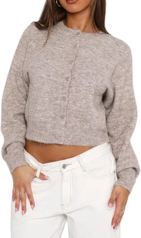 Women Casual Solid Long Sleeve Whispers Knit Cardigan Cute Y2k Crewneck Open Front Button Down Cropped Cardigan Sweater
